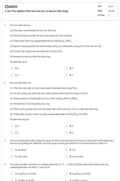9 câu Trắc nghiệm Phân bón hóa học có đáp án (Vận dụng)