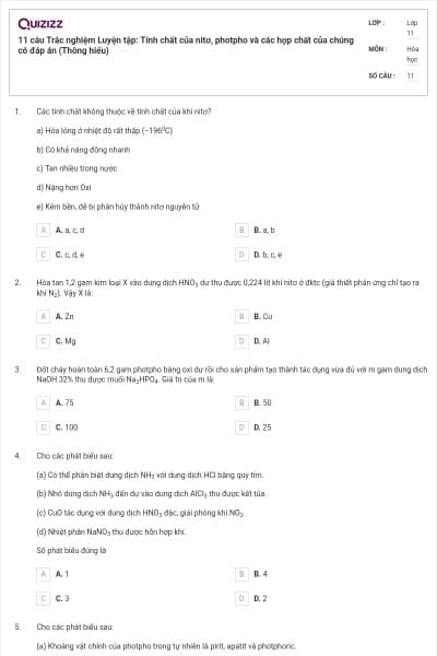 11 câu Trắc nghiệm Luyện tập: Tính chất của nitơ, photpho và các hợp chất của chúng có đáp án (Thông hiểu)
