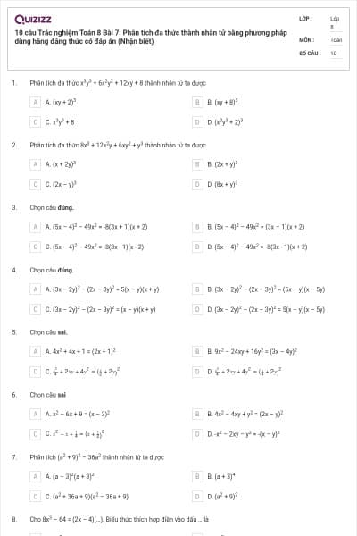 10 câu Trắc nghiệm Toán 8 Bài 7: Phân tích đa thức thành nhân tử bằng phương pháp dùng hằng đẳng thức có đáp án (Nhận biết)