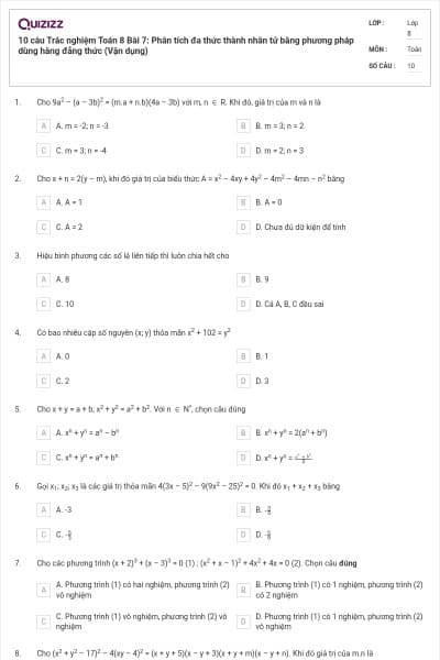 10 câu Trắc nghiệm Toán 8 Bài 7: Phân tích đa thức thành nhân tử bằng phương pháp dùng hằng đẳng thức (Vận dụng)