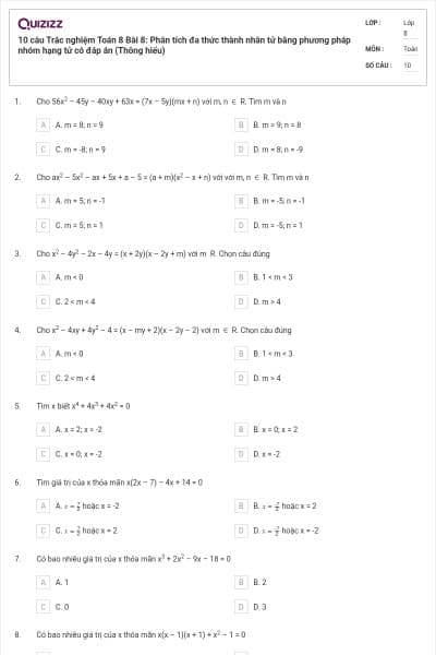 10 câu Trắc nghiệm Toán 8 Bài 8: Phân tích đa thức thành nhân tử bằng phương pháp nhóm hạng tử có đáp án (Thông hiểu)