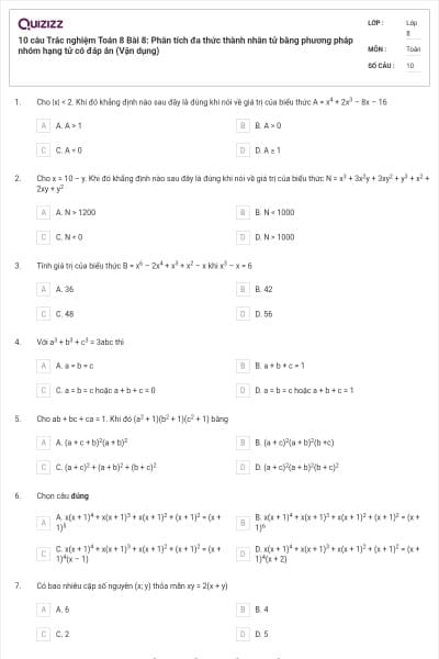 10 câu Trắc nghiệm Toán 8 Bài 8: Phân tích đa thức thành nhân tử bằng phương pháp nhóm hạng tử có đáp án (Vận dụng)
