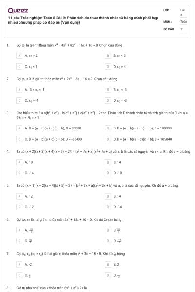 11 câu Trắc nghiệm Toán 8 Bài 9: Phân tích đa thức thành nhân tử bằng cách phối hợp nhiều phương pháp có đáp án (Vận dụng)