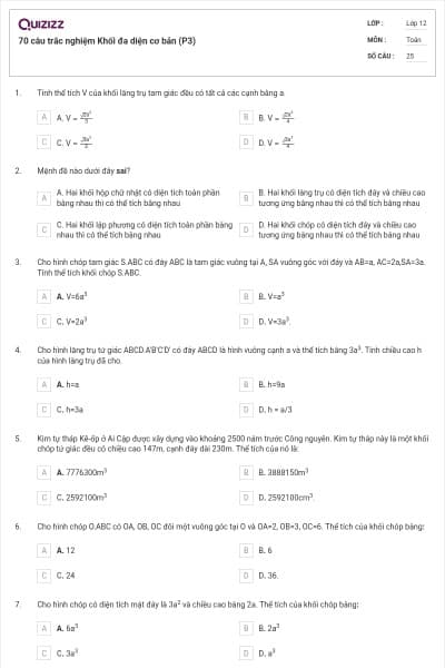 70 câu trắc nghiệm Khối đa diện cơ bản (P3)