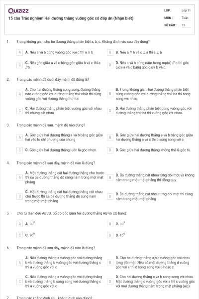 15 câu Trắc nghiệm Hai đường thẳng vuông góc có đáp án (Nhận biết)