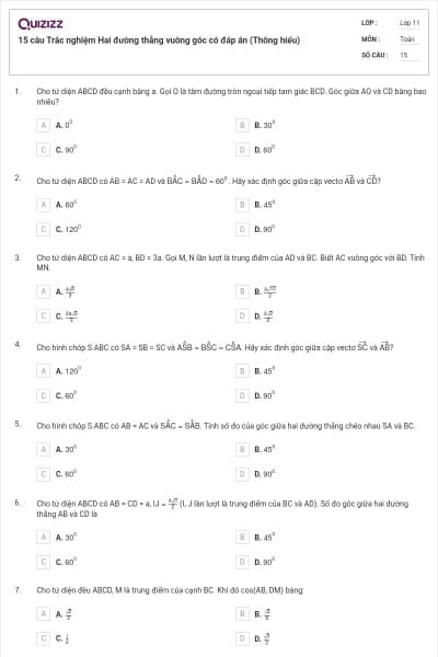 15 câu Trắc nghiệm Hai đường thẳng vuông góc có đáp án (Thông hiểu)
