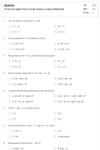 10 câu Trắc nghiệm Toán 8: Ôn tập chương 1 có đáp án (Nhận biết)