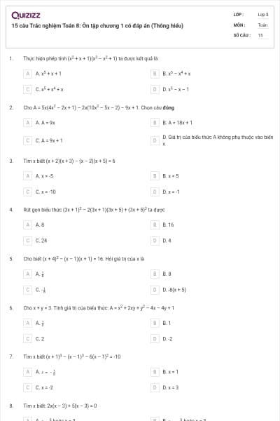 15 câu Trắc nghiệm Toán 8: Ôn tập chương 1 có đáp án (Thông hiểu)
