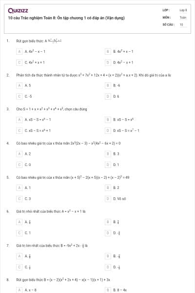 10 câu Trắc nghiệm Toán 8: Ôn tập chương 1 có đáp án (Vận dụng)