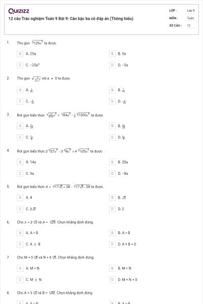 12 câu Trắc nghiệm Toán 9 Bài 9: Căn bậc ba có đáp án (Thông hiểu)