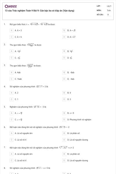 13 câu Trắc nghiệm Toán 9 Bài 9: Căn bậc ba có đáp án (Vận dụng)