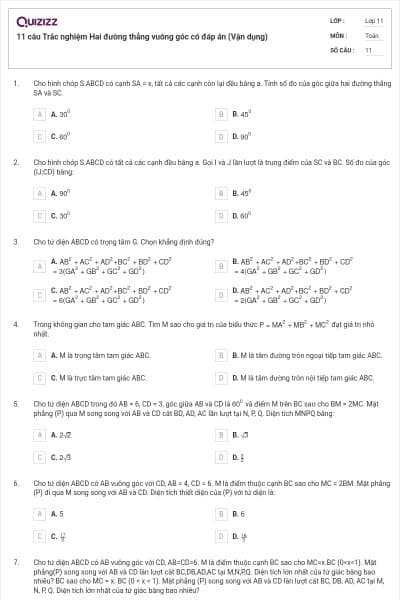 11 câu Trắc nghiệm Hai đường thẳng vuông góc có đáp án (Vận dụng)