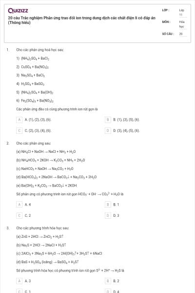 20 câu Trắc nghiệm Phản ứng trao đổi ion trong dung dịch các chất điện li có đáp án (Thông hiểu)