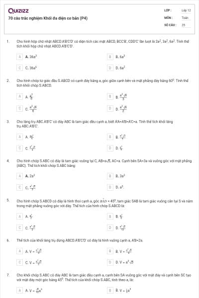 70 câu trắc nghiệm Khối đa diện cơ bản (P4)