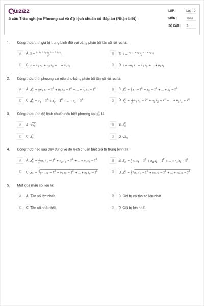 5 câu  Trắc nghiệm Phương sai và độ lệch chuẩn có đáp án (Nhận biết)