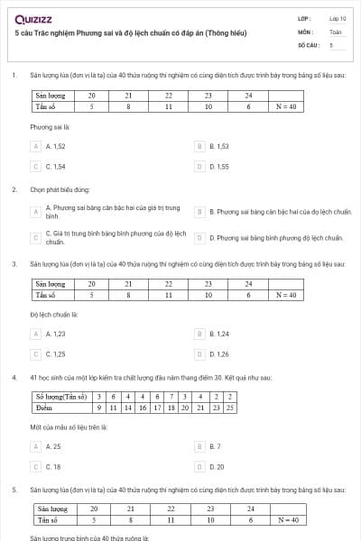 5 câu  Trắc nghiệm Phương sai và độ lệch chuẩn có đáp án (Thông hiểu)
