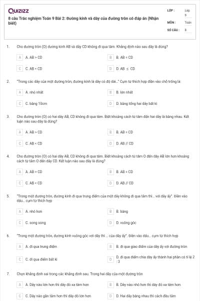 8 câu Trắc nghiệm Toán 9 Bài 2: Đường kính và dây của đường tròn có đáp án (Nhận biết)