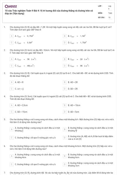 10 câu Trắc nghiệm Toán 9 Bài 4: Vị trí tương đối của đường thẳng và đường tròn có đáp án (Vận dụng)