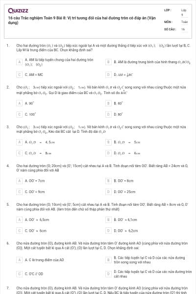 16 câu Trắc nghiệm Toán 9 Bài 8: Vị trí tương đối của hai đường tròn có đáp án (Vận dụng)