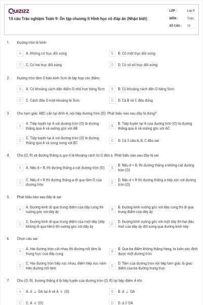 10 câu Trắc nghiệm Toán 9: Ôn tập chương II Hình học có đáp án (Nhận biết)