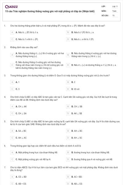 15 câu Trắc nghiệm Đường thẳng vuông góc với mặt phẳng có đáp án (Nhận biết)