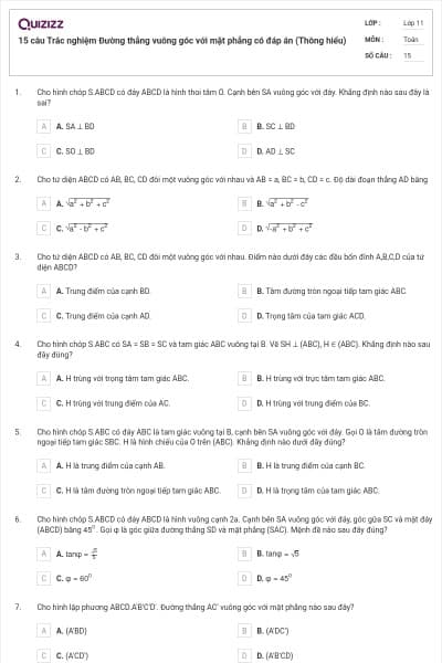 15 câu Trắc nghiệm Đường thẳng vuông góc với mặt phẳng có đáp án (Thông hiểu)