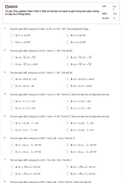10 câu Trắc nghiệm Toán 9 Bài 4: Một số hệ thức về cạnh và góc trong tam giác vuông có đáp án (Thông hiểu)