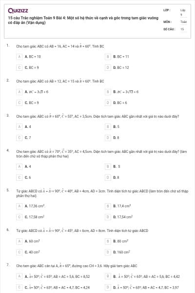 15 câu Trắc nghiệm Toán 9 Bài 4: Một số hệ thức về cạnh và góc trong tam giác vuông có đáp án (Vận dụng)