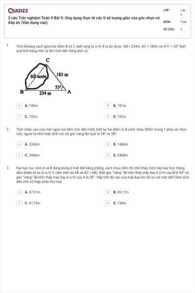 3 câu Trắc nghiệm Toán 9 Bài 5: Ứng dụng thực tế các tỉ số lượng giác của góc nhọn có đáp án (Vận dụng cao)