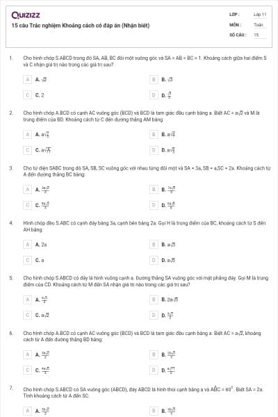 15 câu Trắc nghiệm Khoảng cách có đáp án (Nhận biết)