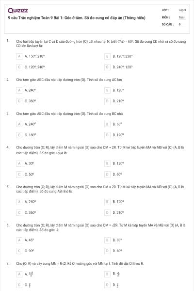 9 câu Trắc nghiệm Toán 9 Bài 1: Góc ở tâm. Số đo cung có đáp án (Thông hiểu)