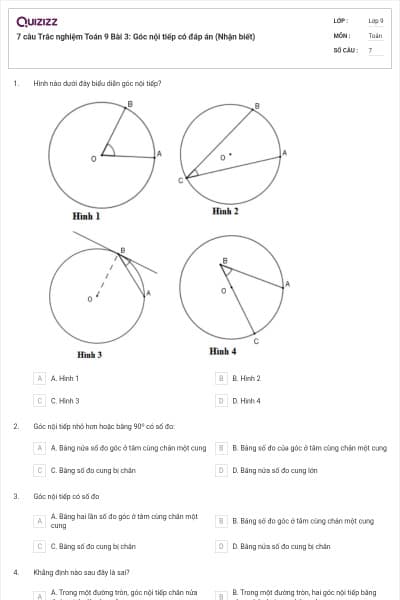 7 câu Trắc nghiệm Toán 9 Bài 3: Góc nội tiếp có đáp án (Nhận biết)