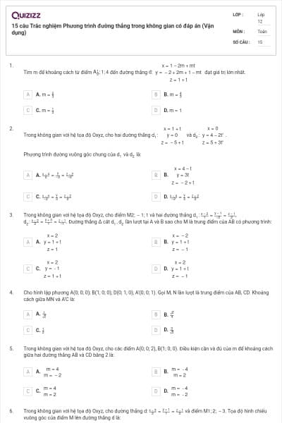 15 câu Trắc nghiệm Phương trình đường thẳng trong không gian có đáp án (Vận dụng)