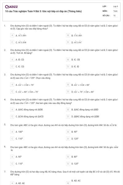 10 câu Trắc nghiệm Toán 9 Bài 3: Góc nội tiếp có đáp án (Thông hiểu)