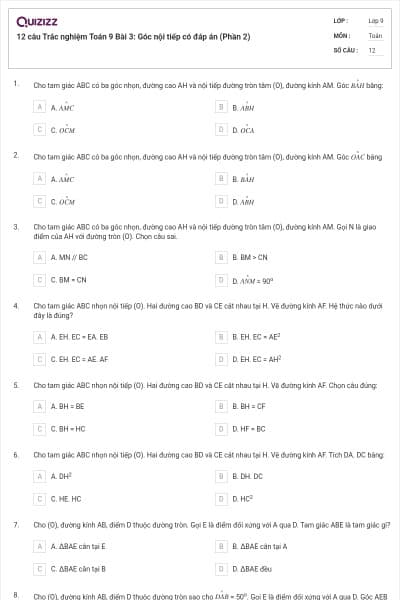 12 câu Trắc nghiệm Toán 9 Bài 3: Góc nội tiếp có đáp án (Phần 2)