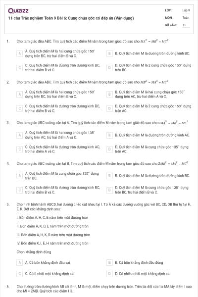 11 câu Trắc nghiệm Toán 9 Bài 6: Cung chứa góc có đáp án (Vận dụng)