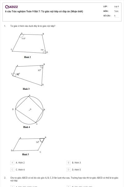6 câu Trắc nghiệm Toán 9 Bài 7: Tứ giác nội tiếp có đáp án (Nhận biết)