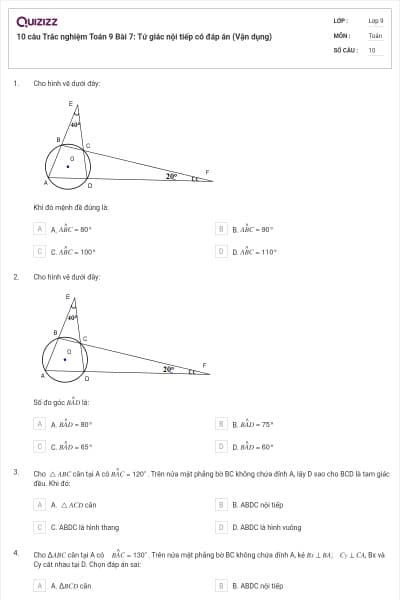 10 câu Trắc nghiệm Toán 9 Bài 7: Tứ giác nội tiếp có đáp án (Vận dụng)