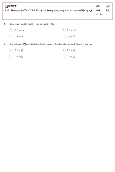 2 câu Trắc nghiệm Toán 9 Bài 10: Độ dài đường tròn, cung tròn có đáp án (Vận dụng)