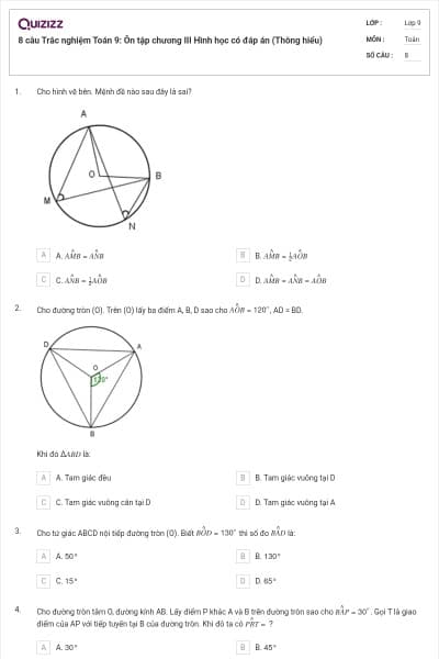 8 câu Trắc nghiệm Toán 9: Ôn tập chương III Hình học có đáp án (Thông hiểu)