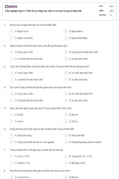 Trắc nghiệm Địa Lí 7 Bài 43 (có đáp án): Dân cư xã hội Trung và Nam Mĩ