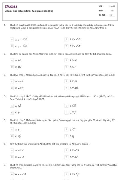70 câu trắc nghiệm Khối đa diện cơ bản (P5)