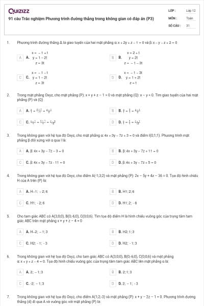 91 câu Trắc nghiệm Phương trình đường thẳng trong không gian có đáp án (P3)
