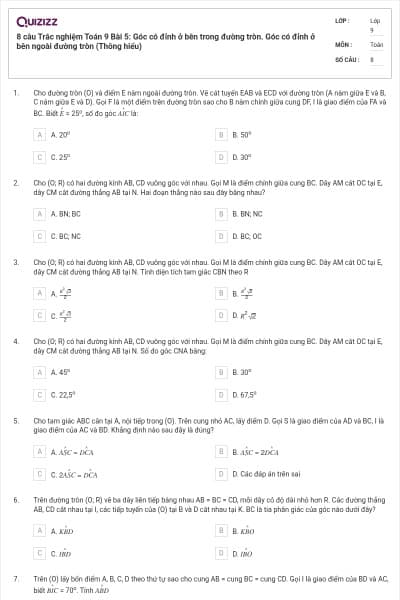 8 câu Trắc nghiệm Toán 9 Bài 5: Góc có đỉnh ở bên trong đường tròn. Góc có đỉnh ở bên ngoài đường tròn (Thông hiểu)