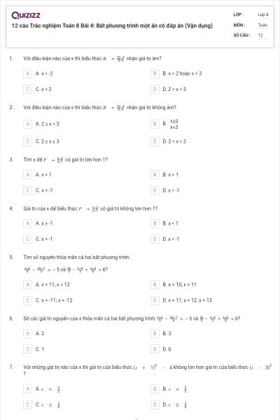 12 câu Trắc nghiệm Toán 8 Bài 4: Bất phương trình một ẩn có đáp án (Vận dụng)