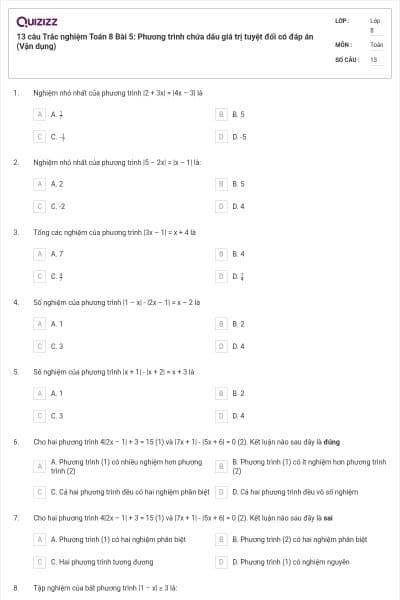 13 câu Trắc nghiệm Toán 8 Bài 5: Phương trình chứa dấu giá trị tuyệt đối có đáp án (Vận dụng)