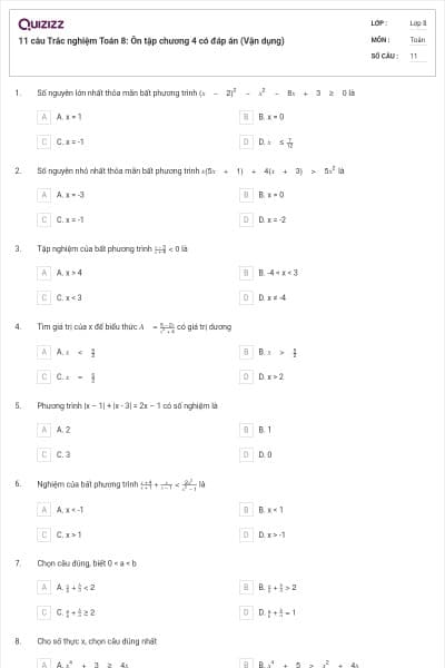 11 câu Trắc nghiệm Toán 8: Ôn tập chương 4 có đáp án (Vận dụng)
