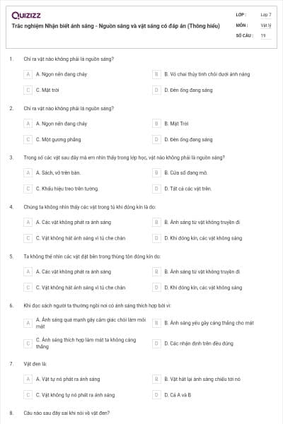 Trắc nghiệm Nhận biết ánh sáng - Nguồn sáng và vật sáng có đáp án (Thông hiểu)