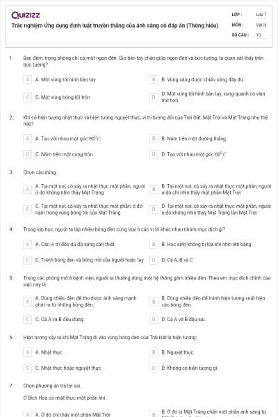 Trắc nghiệm Ứng dụng định luật truyền thẳng của ánh sáng có đáp án (Thông hiểu)