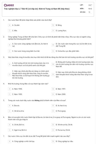 Trắc nghiệm Địa Lí 7 Bài 45 (có đáp án): Kinh tế Trung và Nam Mĩ (tiếp theo)